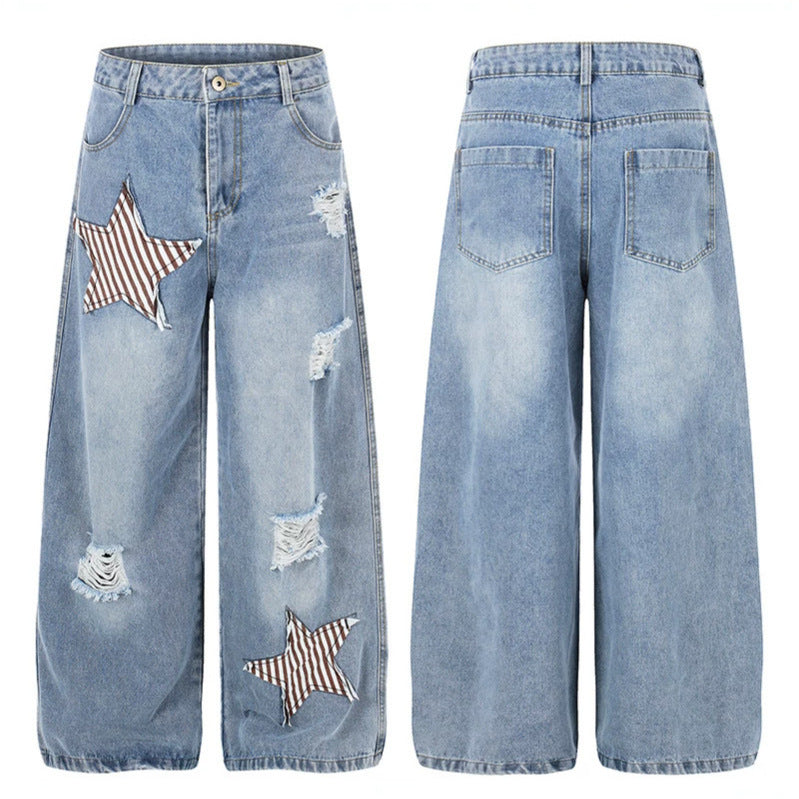 Women's wide high-rise jeans with star appliqués and distressed effect Chichicherry