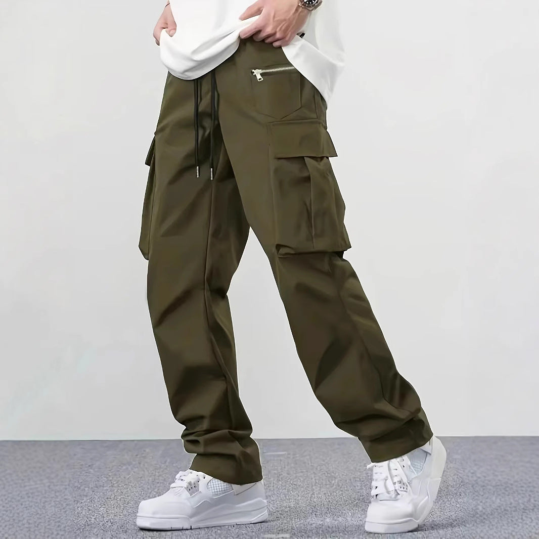 Men's wide utility cargo pants with drawstring waistband, multifunction pockets & zip pocket Chichicherry