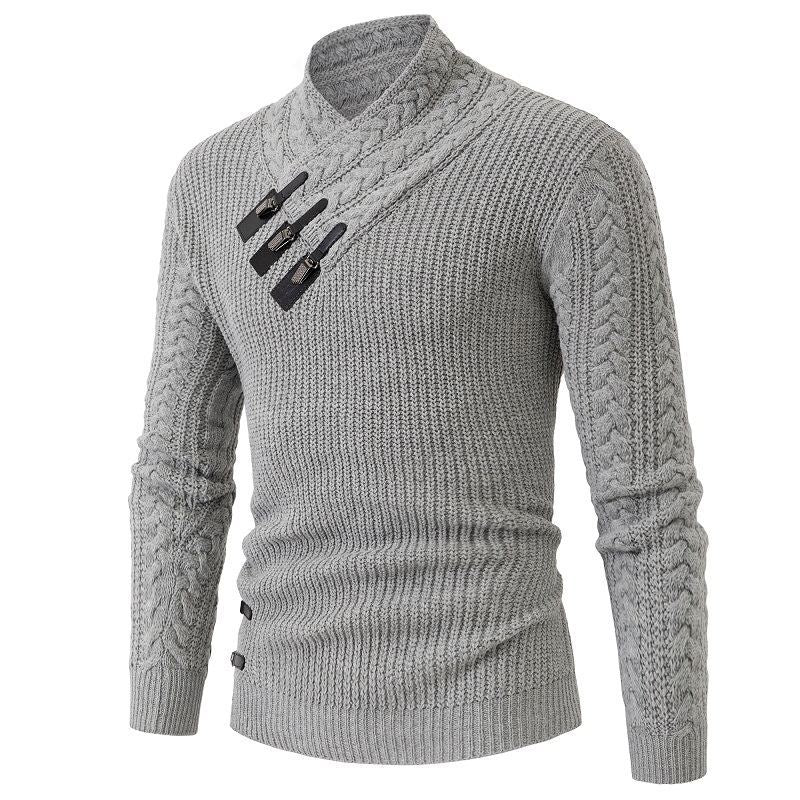 Men's Structured Cable Knit Mock Neck Sweater with Asymmetrical Strap Decoration Chichicherry