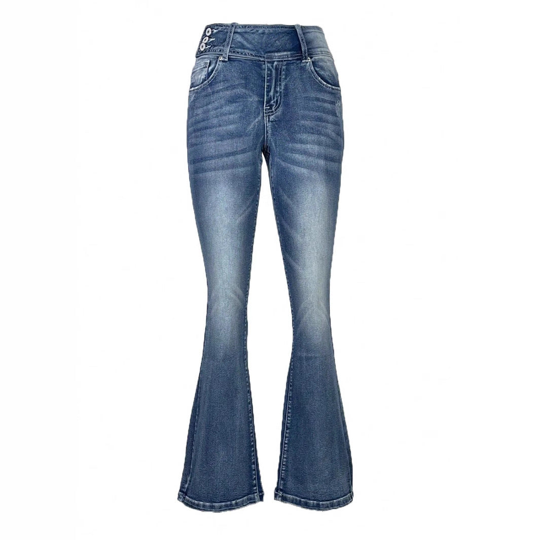 Ladies high-waisted flared jeans with side decorative seam and sculpting stretch waistband Chichicherry