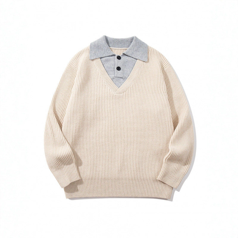 Unisex chunky knit boxy sweater with V-neck and contrasting polo button collar Chichicherry