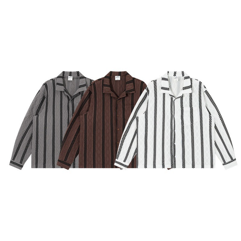 Unisex Lightweight Shirt Jacket with Camp Collar, Relaxed Fit and Vertical Braid Stripe Pattern Chichicherry