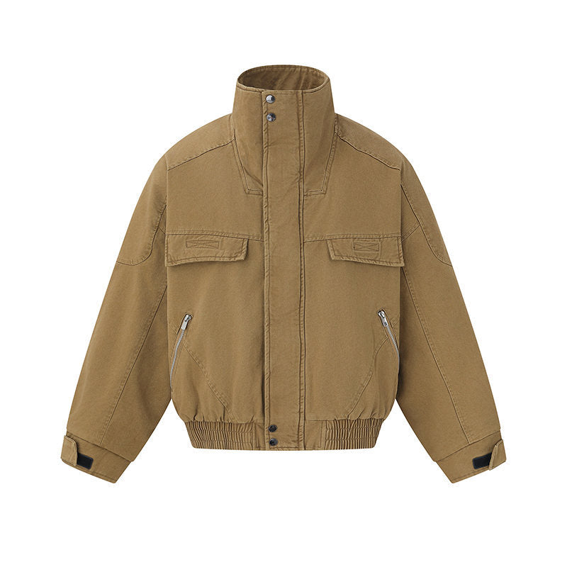 Men's short-cut canvas bomber jacket with high stand-up collar, concealed front placket, and zip pockets Chichicherry