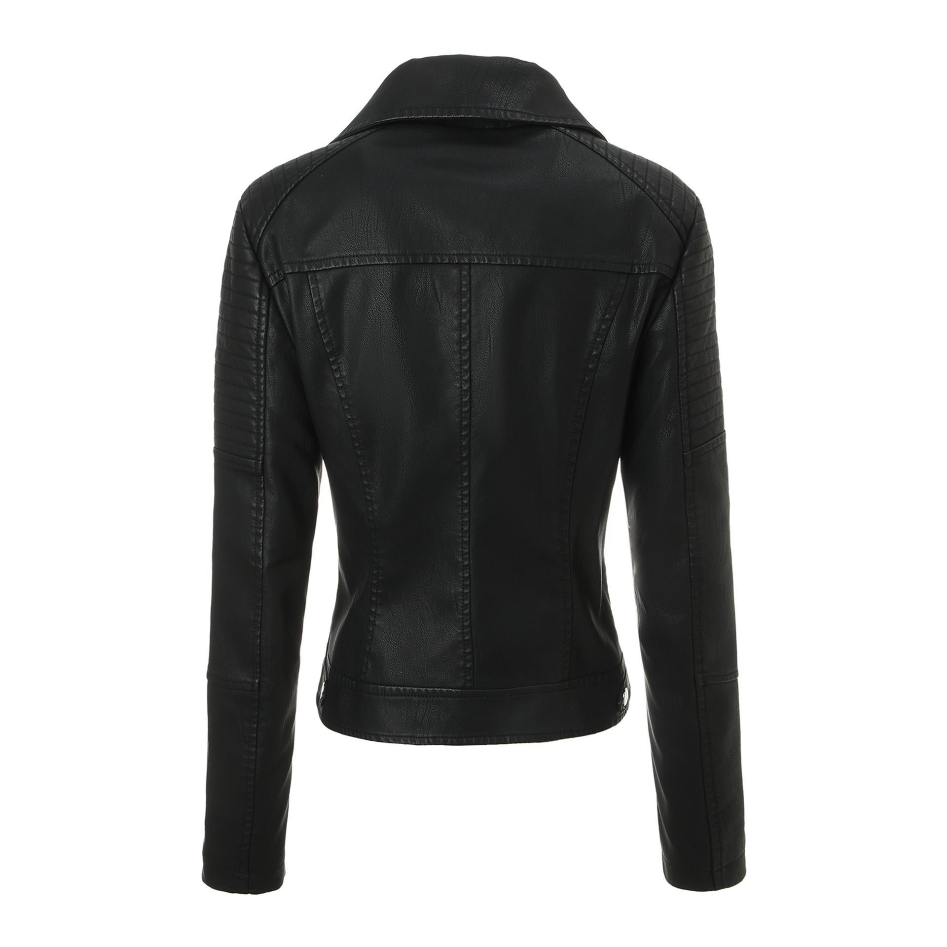 Ladies Tailored Biker Jacket made of Leatherette with Quilted Shoulder Area and Asymmetrical Zipper Chichicherry