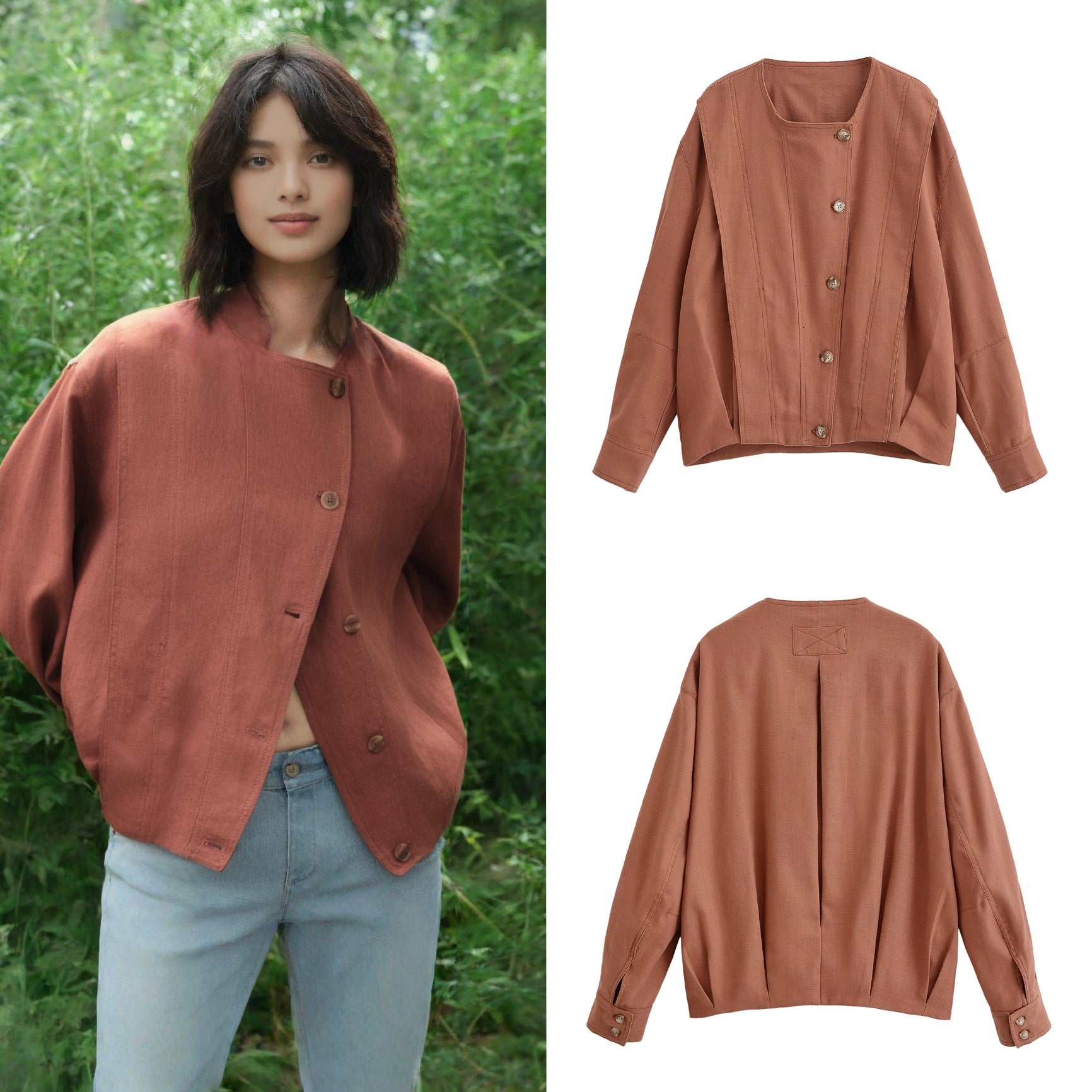 Women's Boxy Transitional Jacket with Round Neck, Decorative Stitching and Visible Button Placket Chichicherry