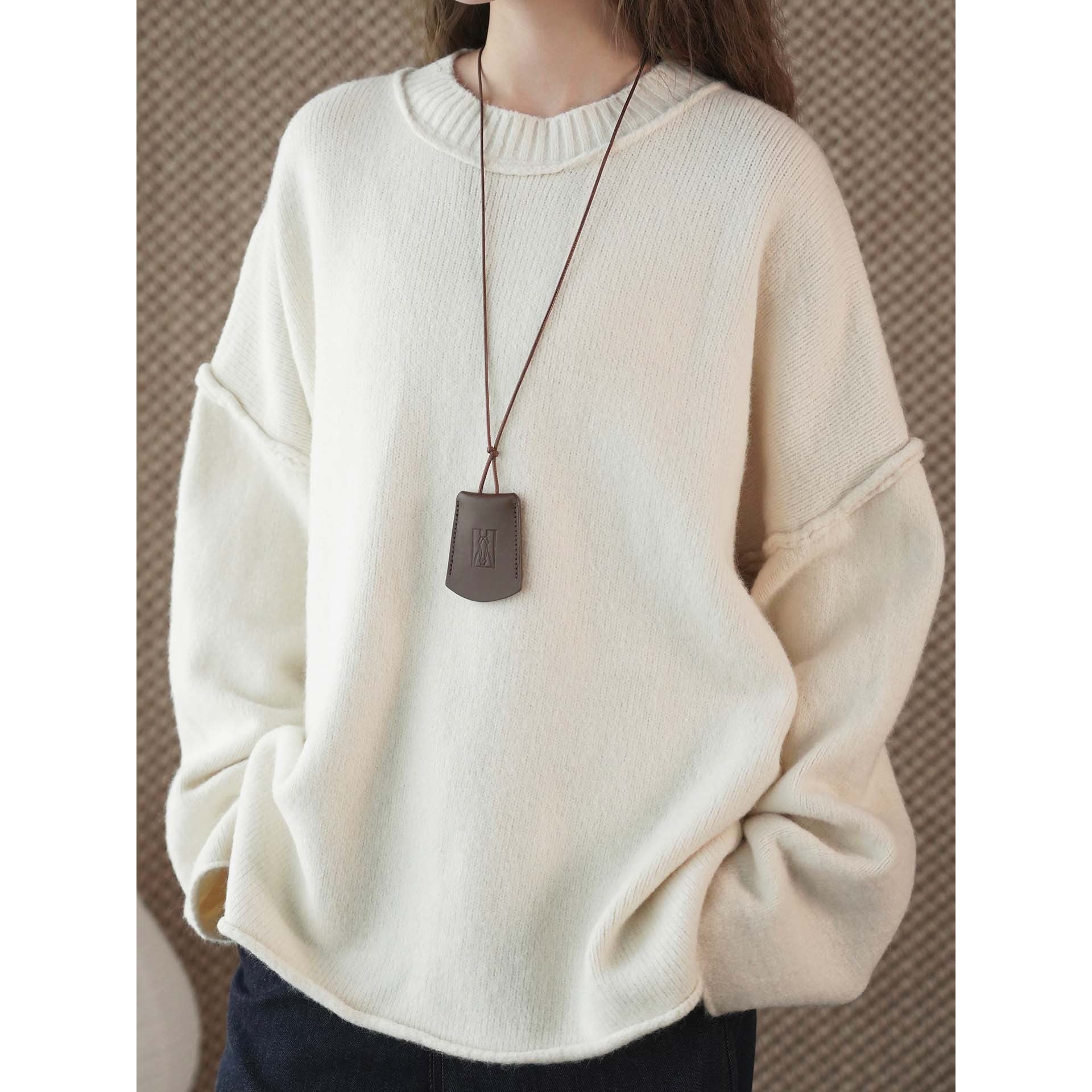 Women's Oversized Fine Knit Sweater with Short Stand-Up Collar and Dropped Shoulder Chichicherry