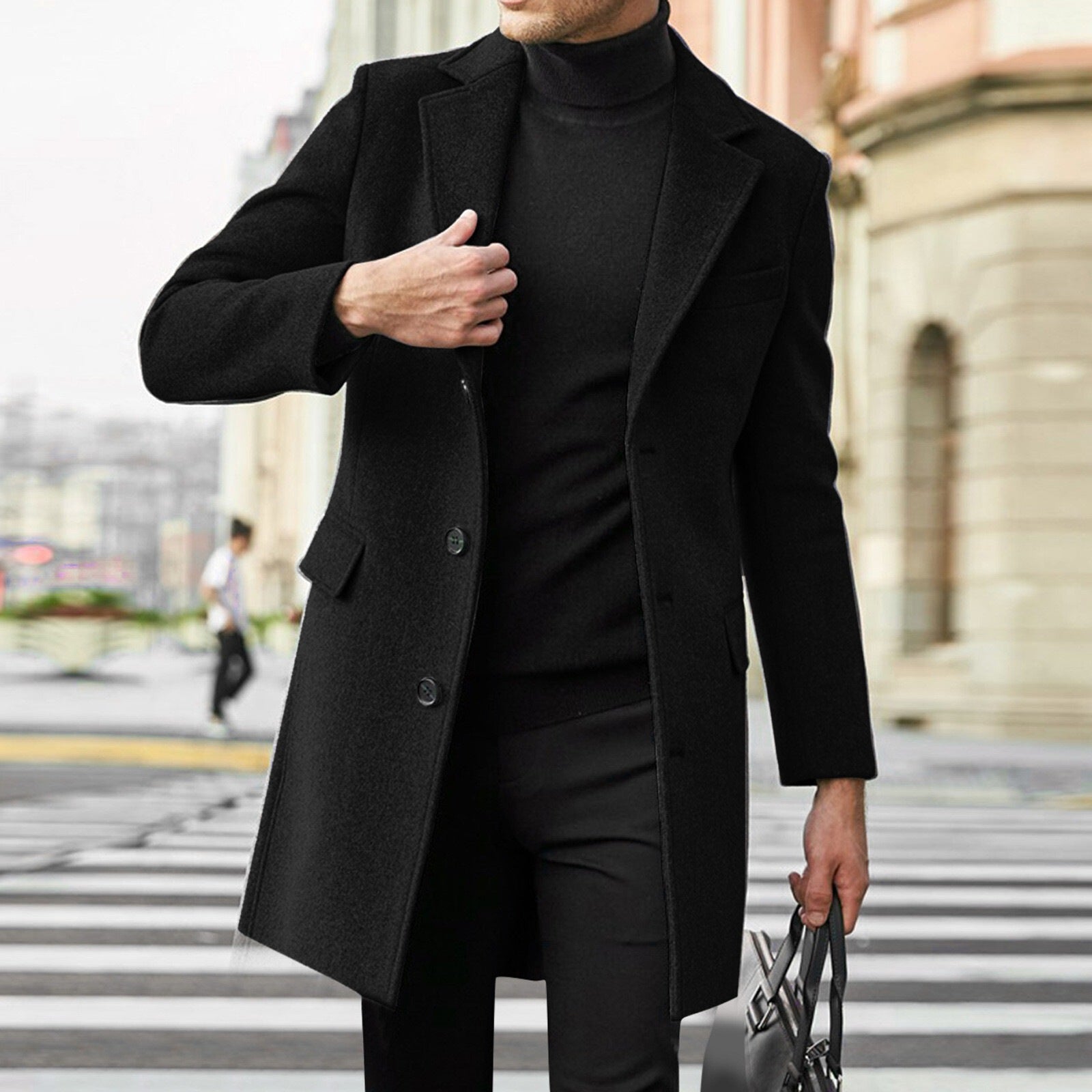 Men's Elegant Wool Coat with Tailored City Cut, Notch Lapels and Flap Pockets Chichicherry