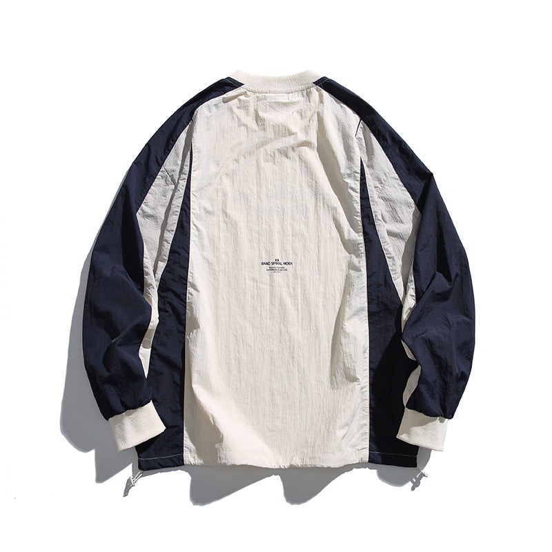 Unisex Loose-Fit Retro Sporty Long Sleeve Shirt with Contrast Panels and Drawstring Hem Chichicherry