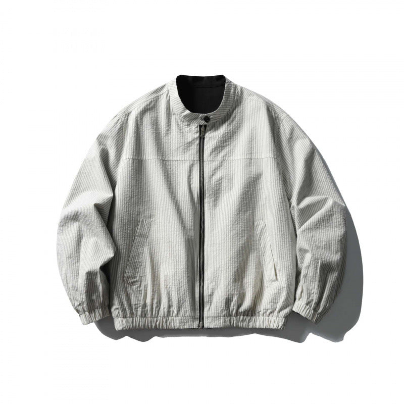 Unisex Light Oversized Bomber Jacket Made of Textured Fabric with Stand-Up Collar and Elastic Hem Chichicherry