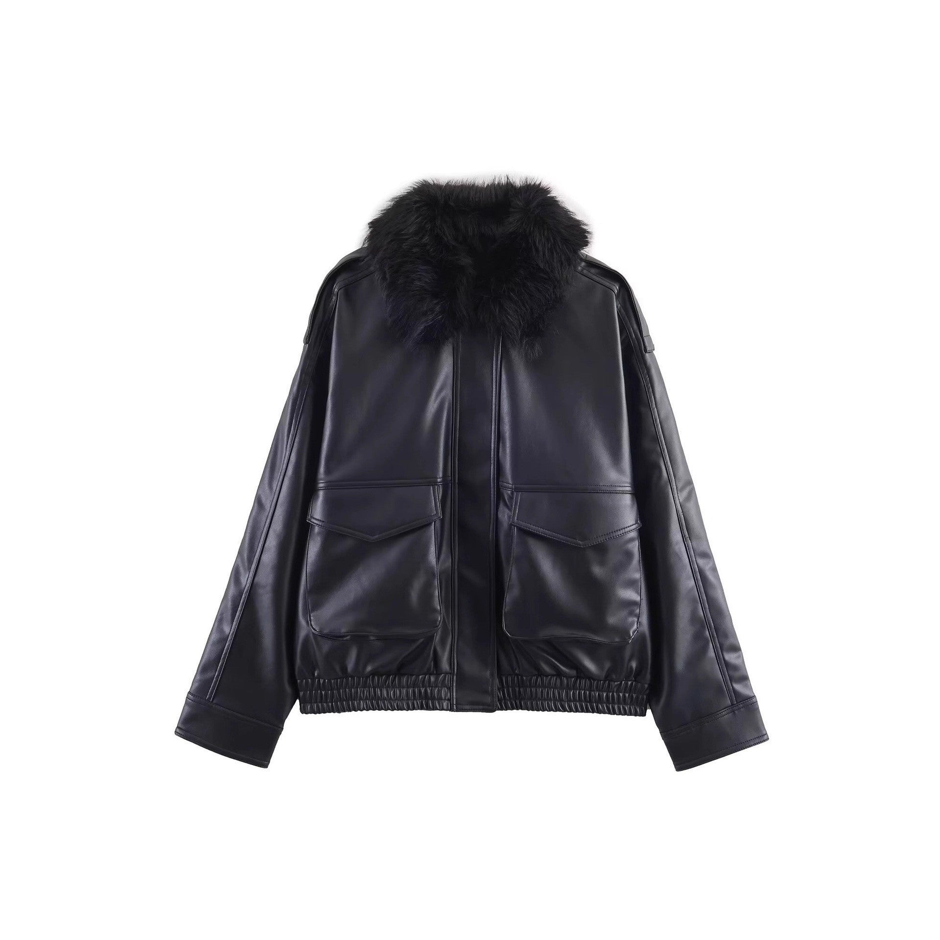 Women's Short Cut Faux Leather Bomber with Voluminous Faux Fur Collar Chichicherry