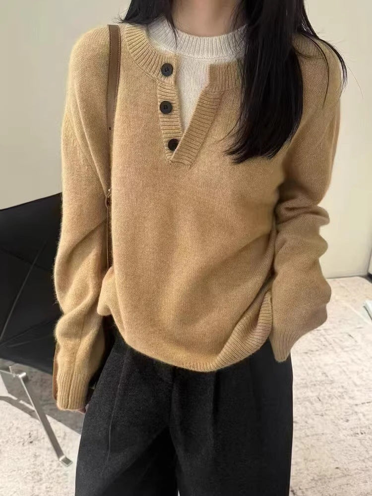 Women's Oversize Henley Pullover made of fluffy Mohair look with button placket Chichicherry
