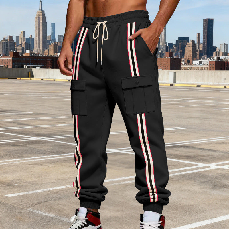 Men's cargo joggers in urban streetwear look with contrast stripes and flap pockets Chichicherry