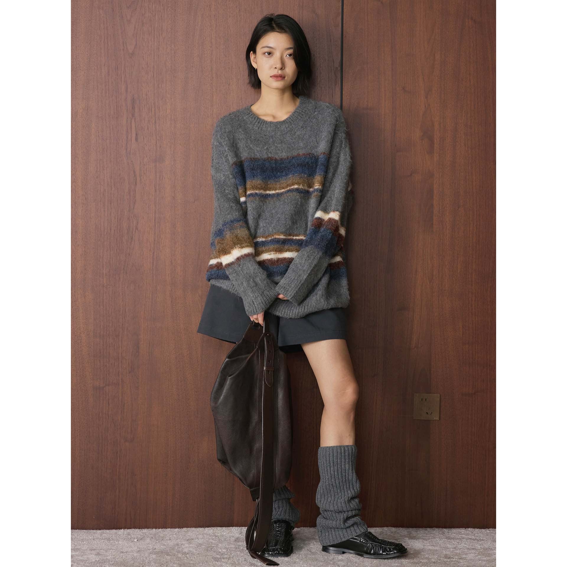 Women Soft Mohair Mix Sweater with Striped Relaxed Silhouette Chichicherry