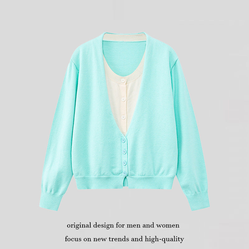 Women's Two-Layer V-Neck Cardigan with Integrated Henley Inner Layer Chichicherry