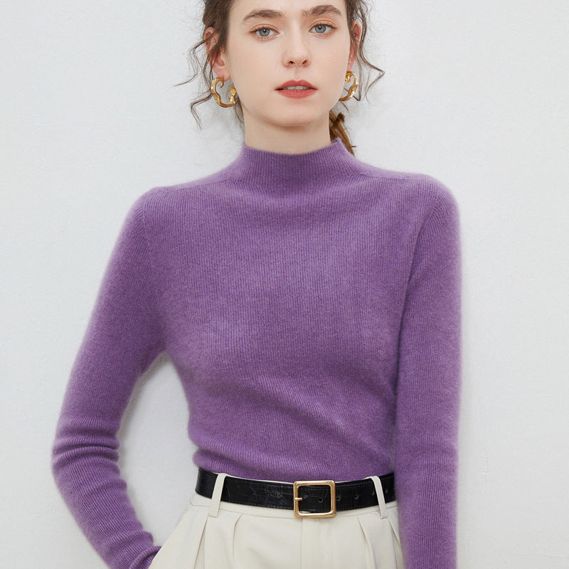 Ladies lightweight tailored mock neck sweater in cashmere-like mohair appearance with fine ribbed texture Chichicherry