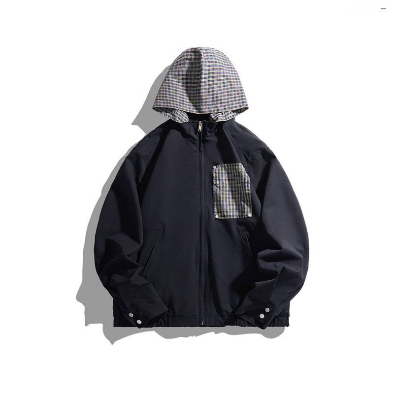 Unisex Lightweight Hooded Transition Jacket with Checkered Pattern Lining and Chest Pocket Chichicherry