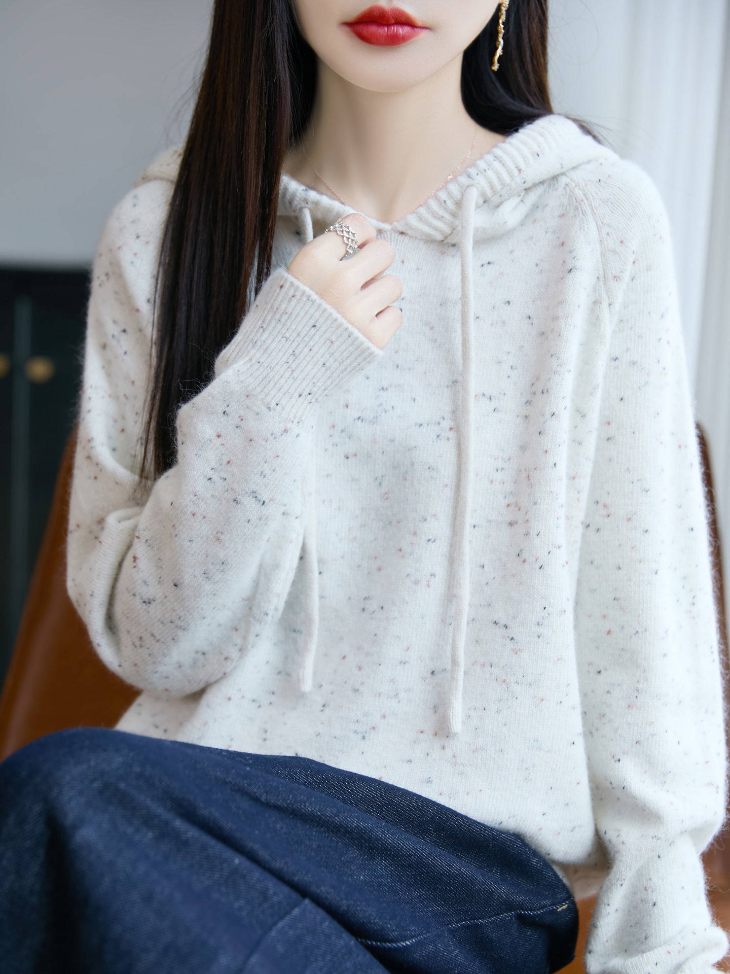 Women's Soft Fine Knit Hoodie with Nep Yarn and Ribbed Cuffs Chichicherry