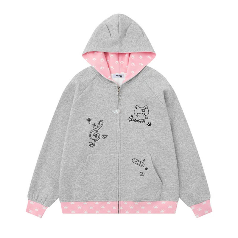Women's hoodie with zipper in casual kawaii style, contrast hood, comic prints and ribbed cuffs Chichicherry