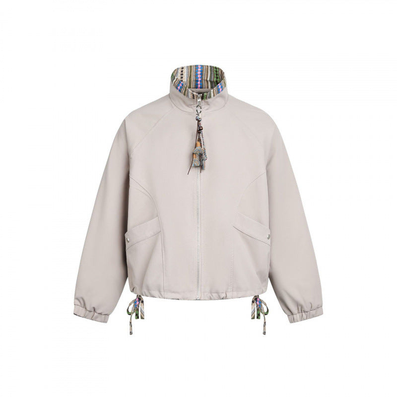 Women Short Tail Bomber Jacket with Stand-Up Collar and Patterned Lining Chichicherry