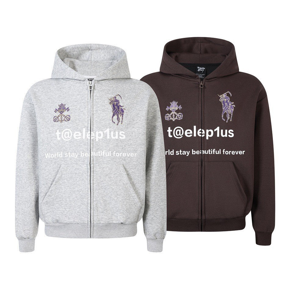 Unisex Hooded Zip Jacket with Embroidered Crest and Front Print Chichicherry