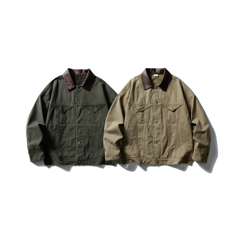 Men's Boxy Canvas Jacket with Leather Collar and Overshirt Silhouette Chichicherry