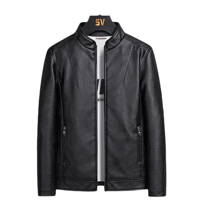 Men's Slim Faux Leather Blouson in Urban Moto Minimal Style with Stand-Up Collar and Hidden Zipper Chichicherry