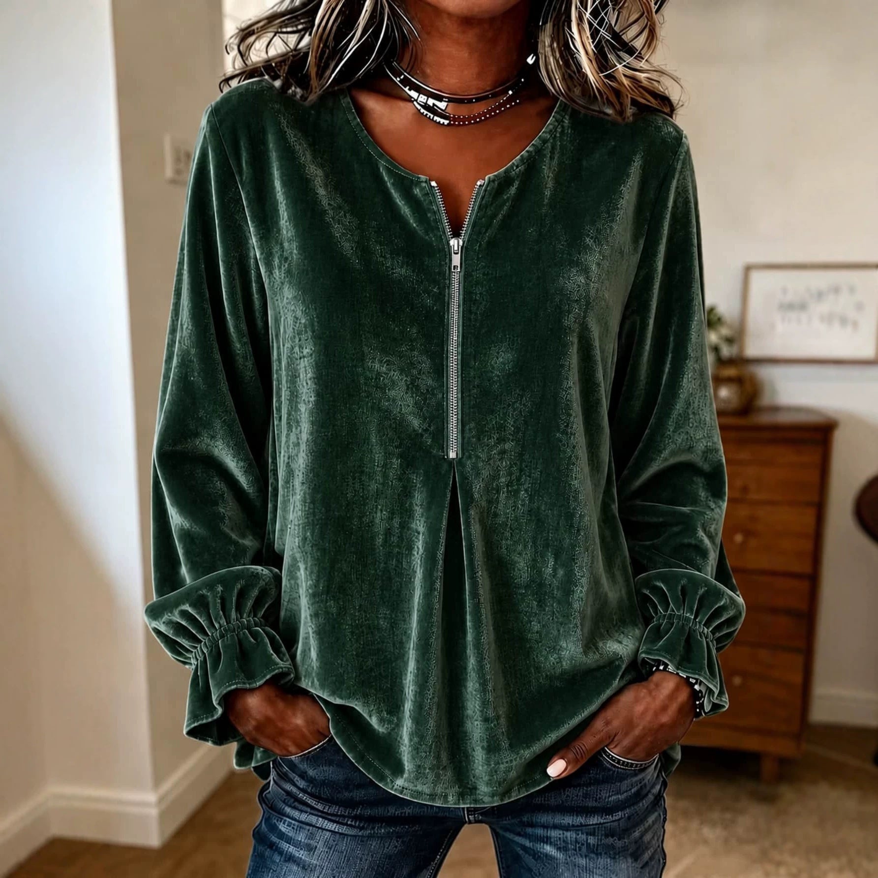 Women’s velvet blouse with half zip, ruffle cuffs, and A-line cut Chichicherry