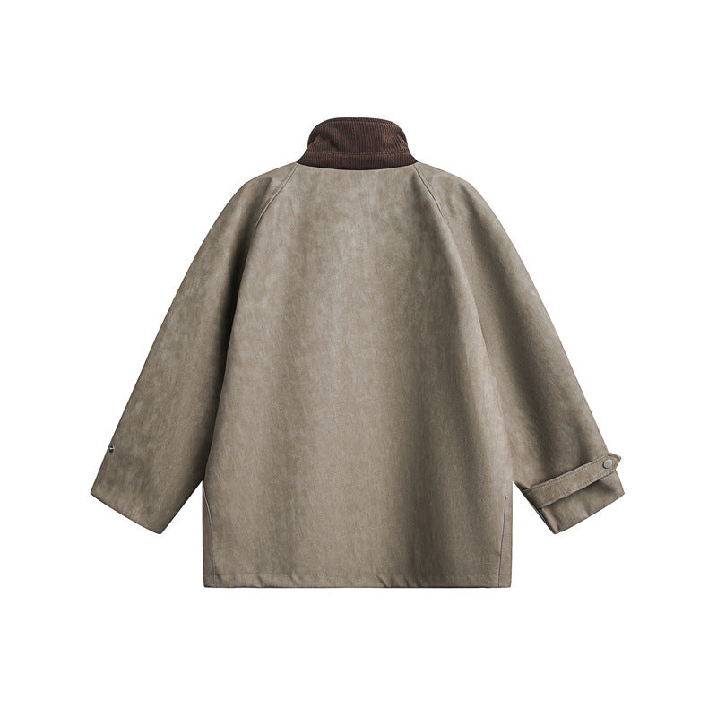 Unisex Short Cut Boxy Velour Utility Jacket with Stand-Up Collar and Flap Pockets Chichicherry