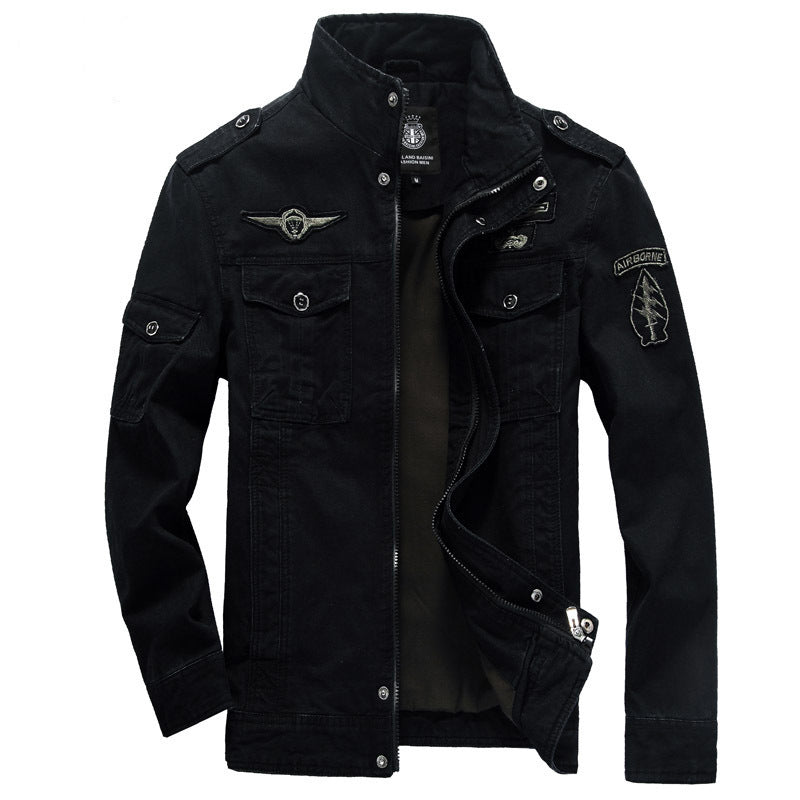 Men's Military Utility Jacket made of canvas with stand-up collar, shoulder epaulets, and multiple pockets Chichicherry
