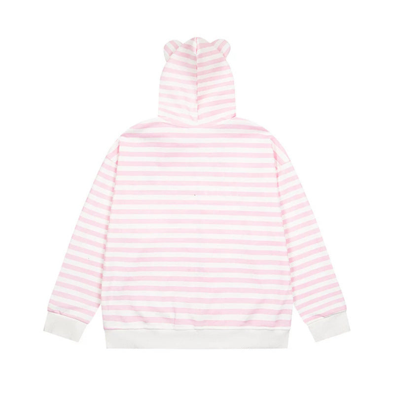 Women's Striped Hooded Sweat Jacket with Teddy Pendant, Ear Hood and Embroidery Detail Chichicherry
