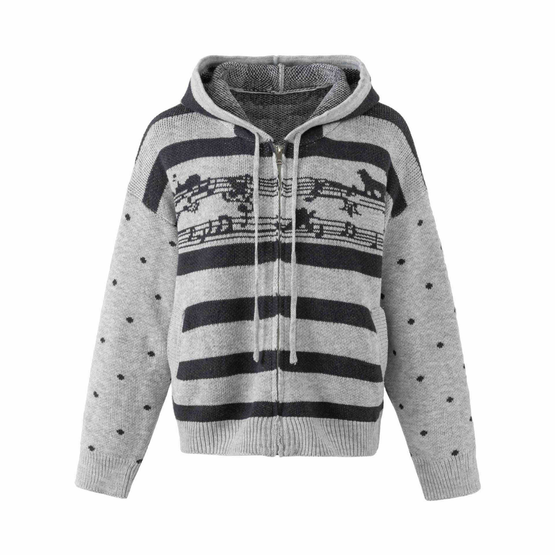 Women's chunky knit hoodie zip jacket with musical jacquard pattern Chichicherry