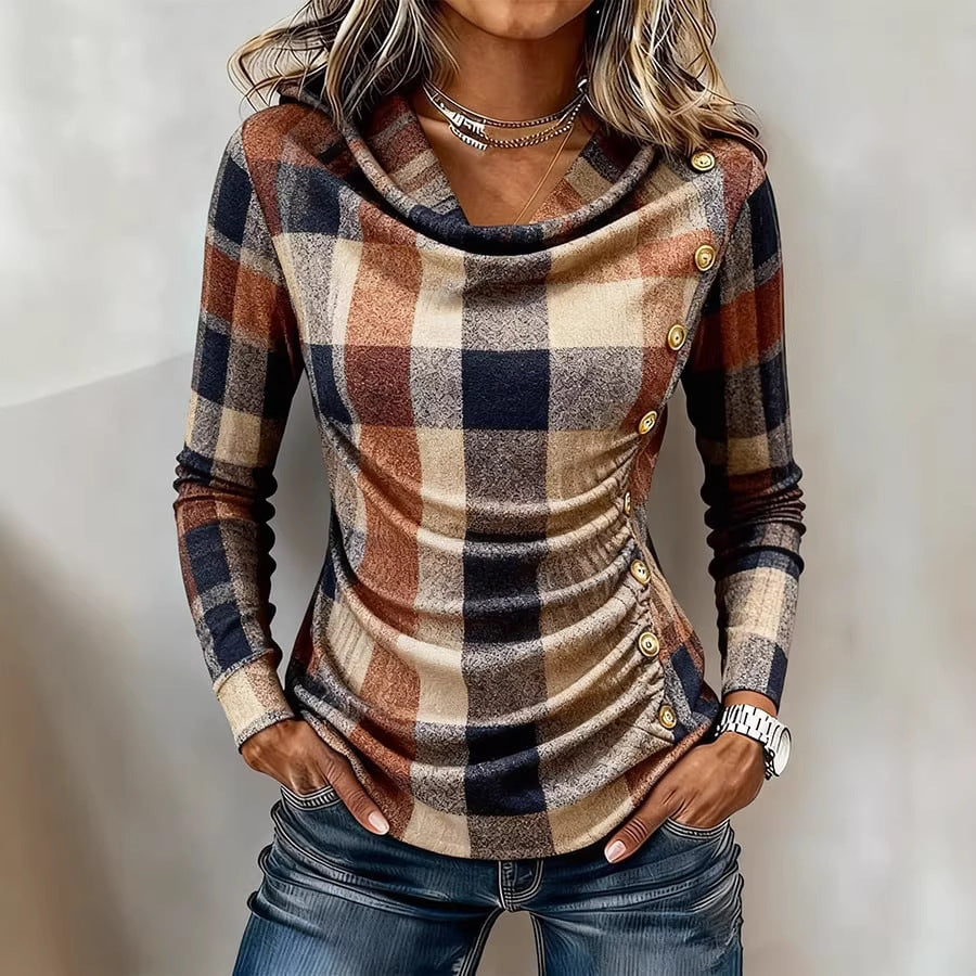 Women's checked fitted long-sleeve shirt with waterfall neckline and side button placket Chichicherry