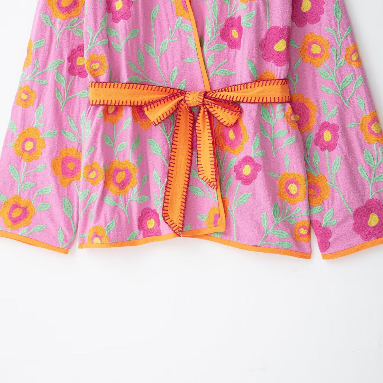 Women's Embroidered Kimono Jacket with Waist Tie Belt and Floral Embroidery Chichicherry