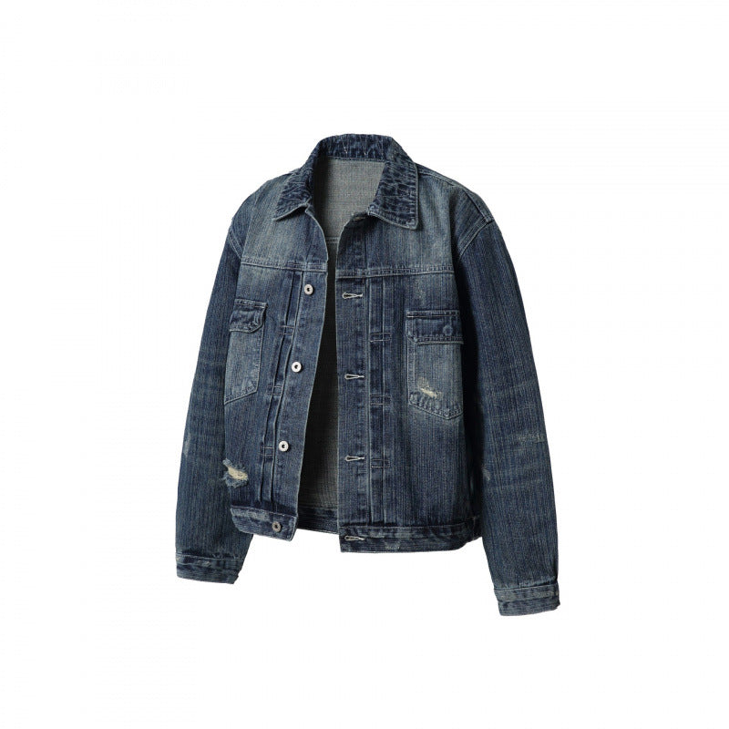Men's Oversize Vintage Denim Jacket with Used Effect and Chest Pockets Chichicherry
