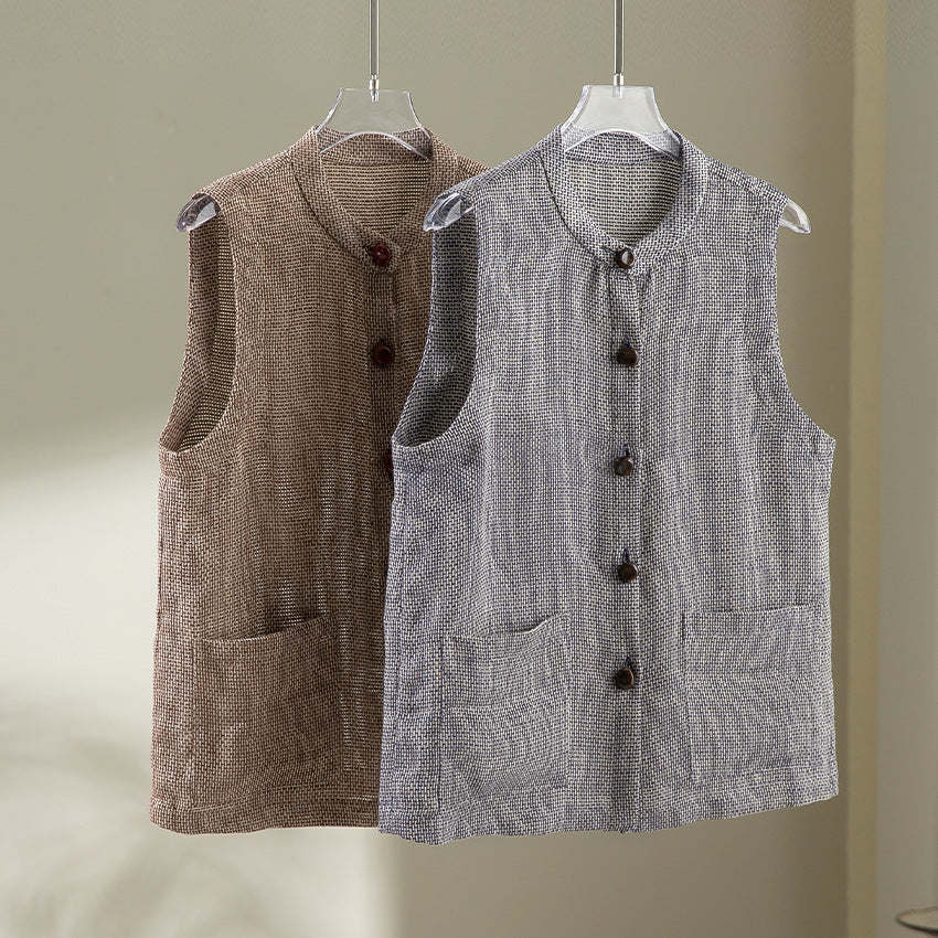 Women Sleeveless Textured Knit Vest with Round Neckline, Button Placket and Patch Pockets Chichicherry