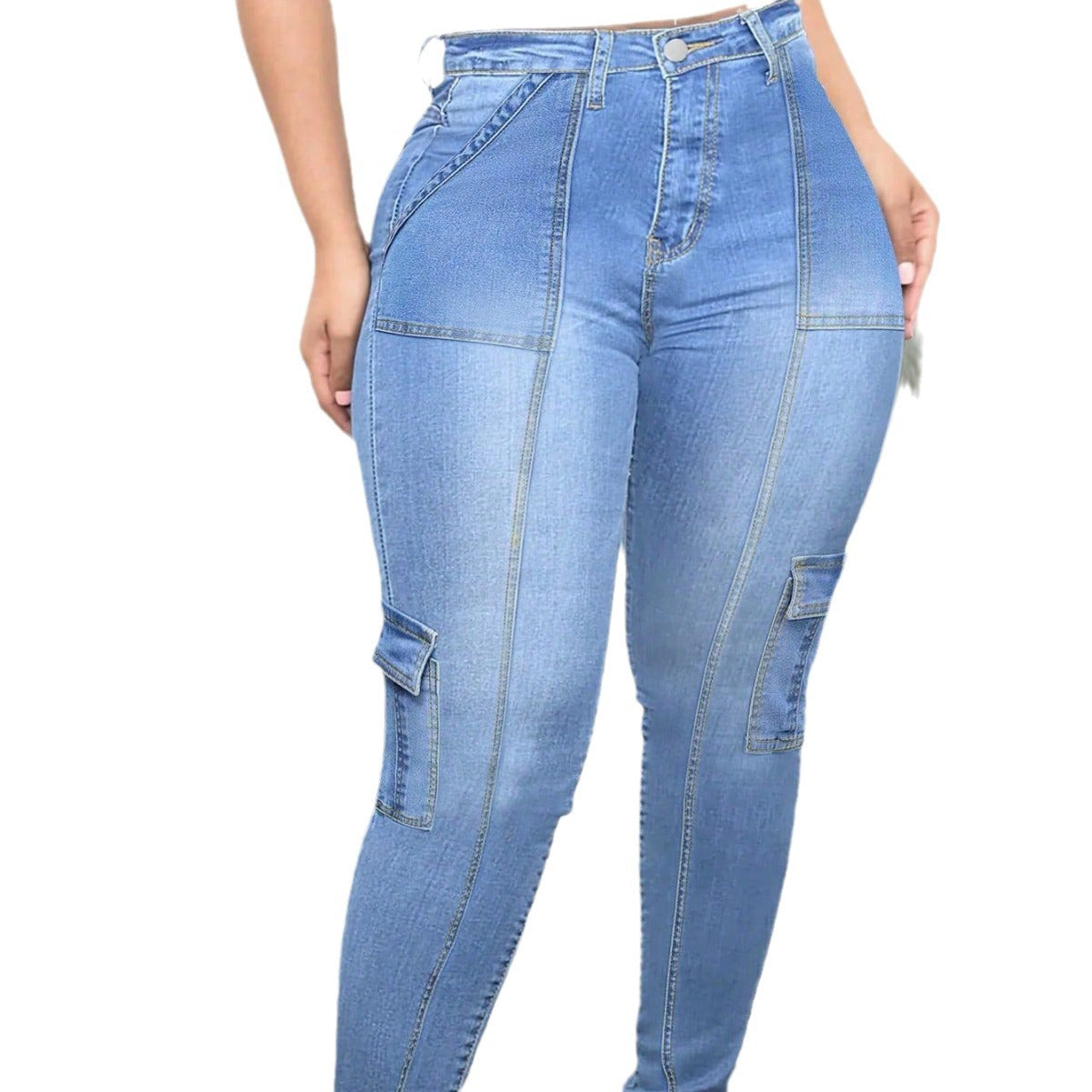 Women’s High-Waisted Cargo Skinny Jeans with Decorative Stitches Chichicherry