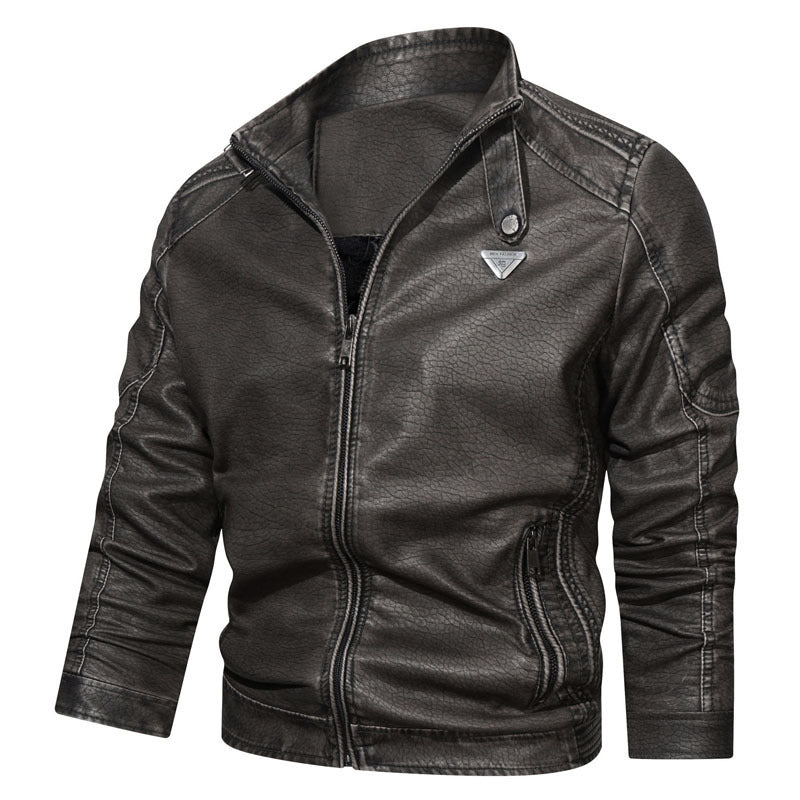 Men's faux leather jacket in vintage denim look with gathered sleeves and stand-up collar Chichicherry