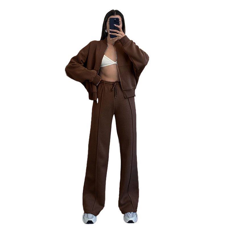 Damen Oversized Zip-Hoodie-Set mit Cropped Top und weiter Naht-Sweathose Chichicherry