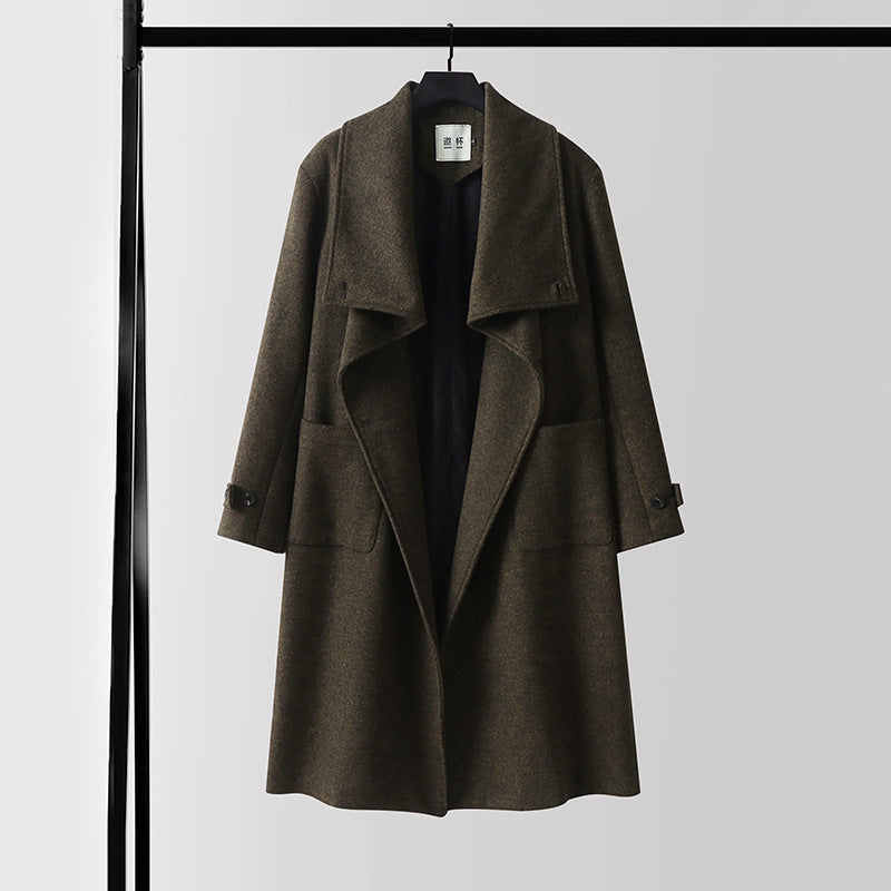 Ladies Elegant long wool mix cocoon coat with overlapping shawl collar and patch pockets Chichicherry