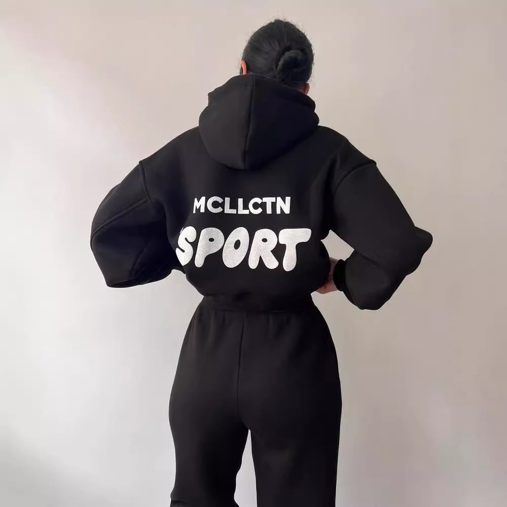 Damen Cropped Kapuzenpullover und High‑Waist Jogginghose Lounge‑Set aus Baumwollfleece Chichicherry