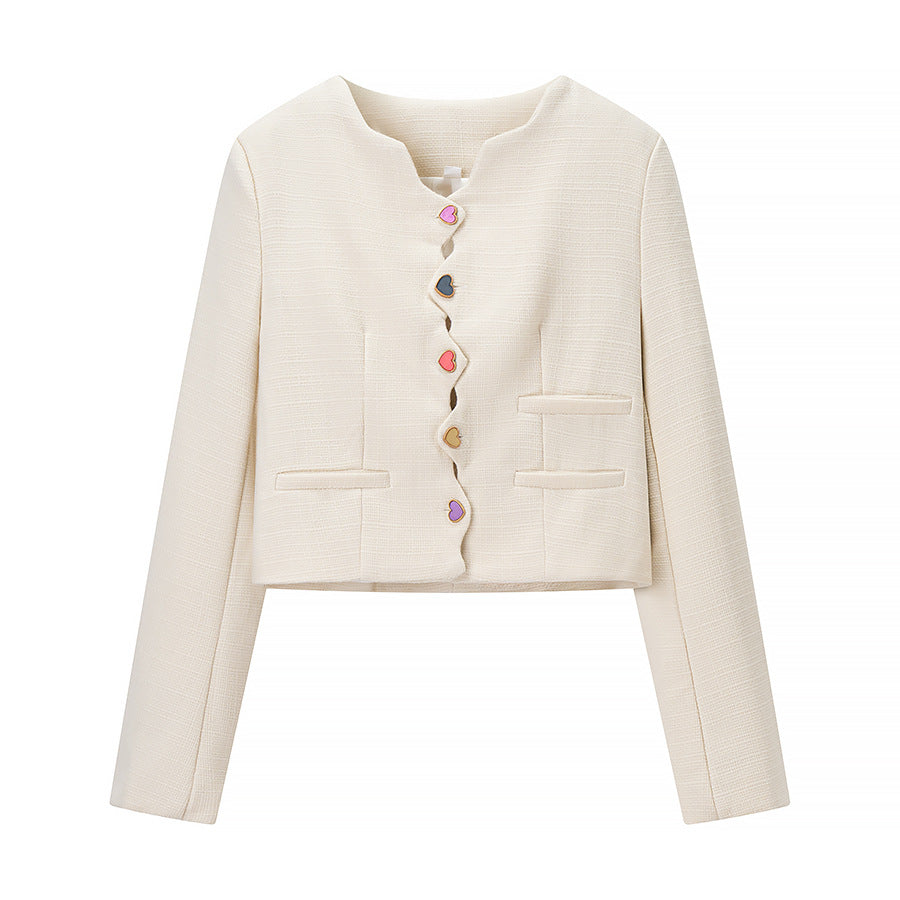 Women's Tailored Boucle Short Blazer with Curved Button Placket and Heart Buttons Chichicherry