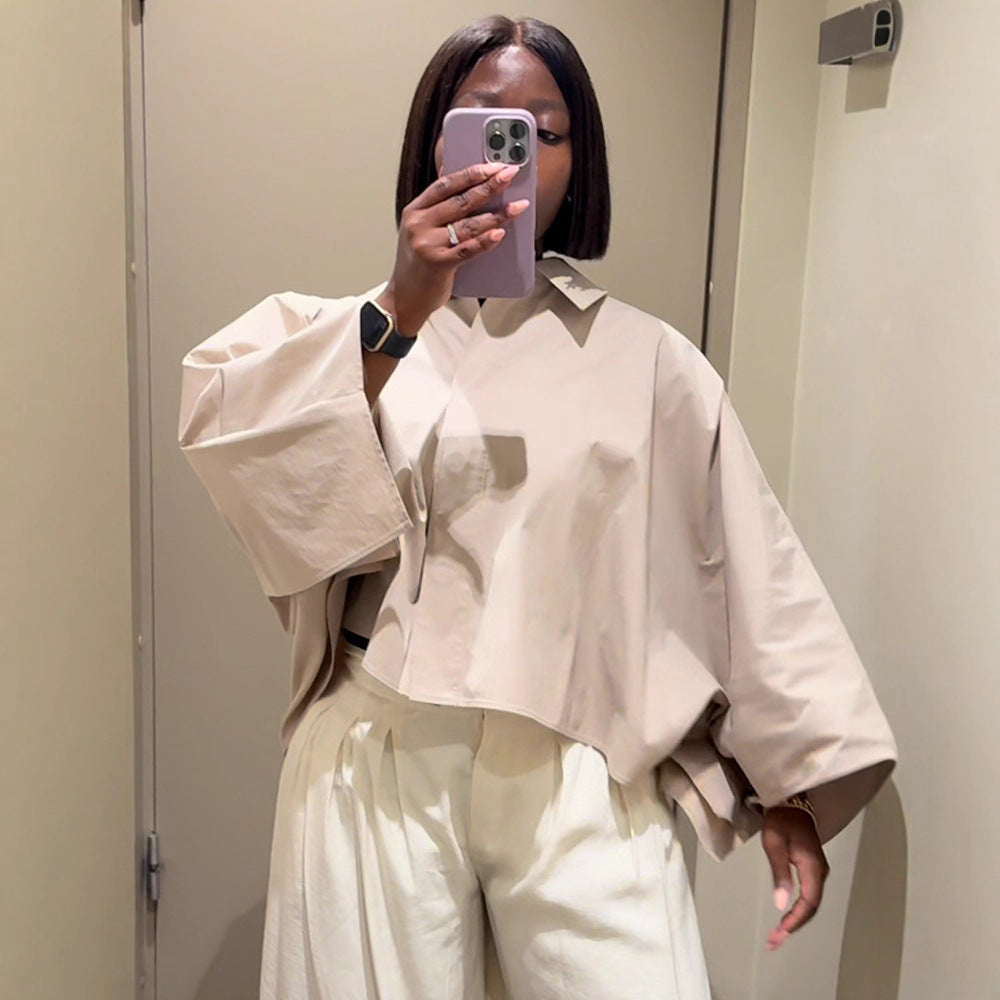 Women's Boxy Cropped Shirt Blouse with Wide Batwing Sleeve and Fine Tuck Chichicherry