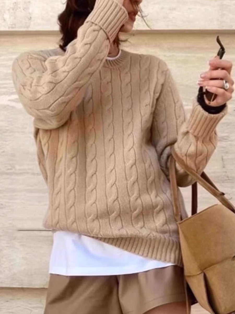 Ladies Kastiger Cable Knit Sweater with Round Neck, extra soft Wool Blend and Ribbed Cuffs Chichicherry