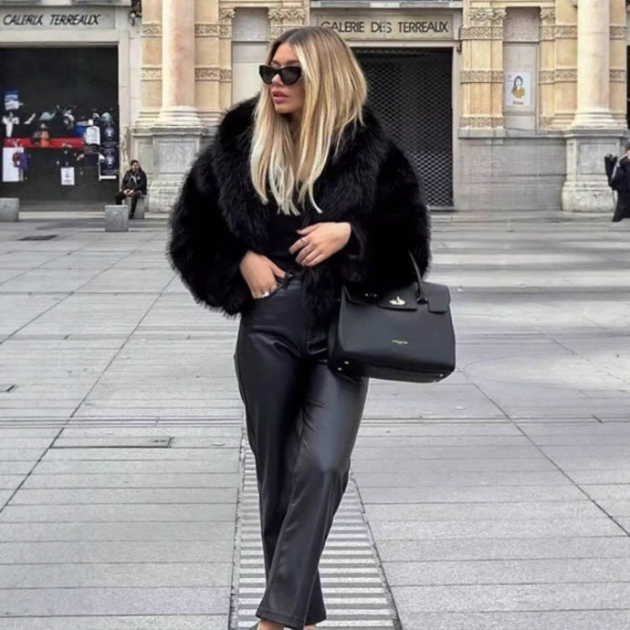 Women Short Boxy Faux Fur Blouson with Voluminous Shawl Collar Chichicherry