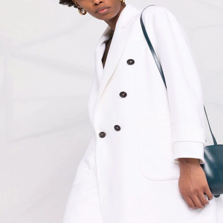 Women Double-breasted Midi Coat in Modern Tailoring with Extended Lapels and Patch Pockets Chichicherry