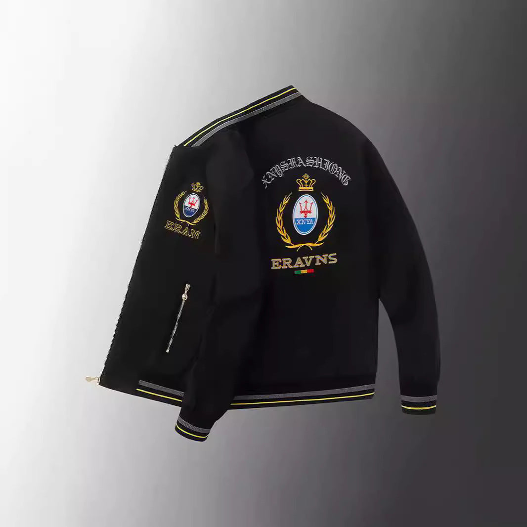 Men's stick detail bomber jacket in retro crest style with emblem embroidery and zipper arm pocket Chichicherry