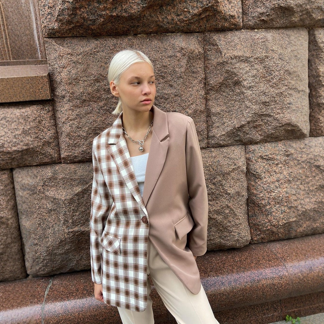Damen Zweifarbiger Oversize-Blazer mit Karomuster und Reverskragen Chichicherry