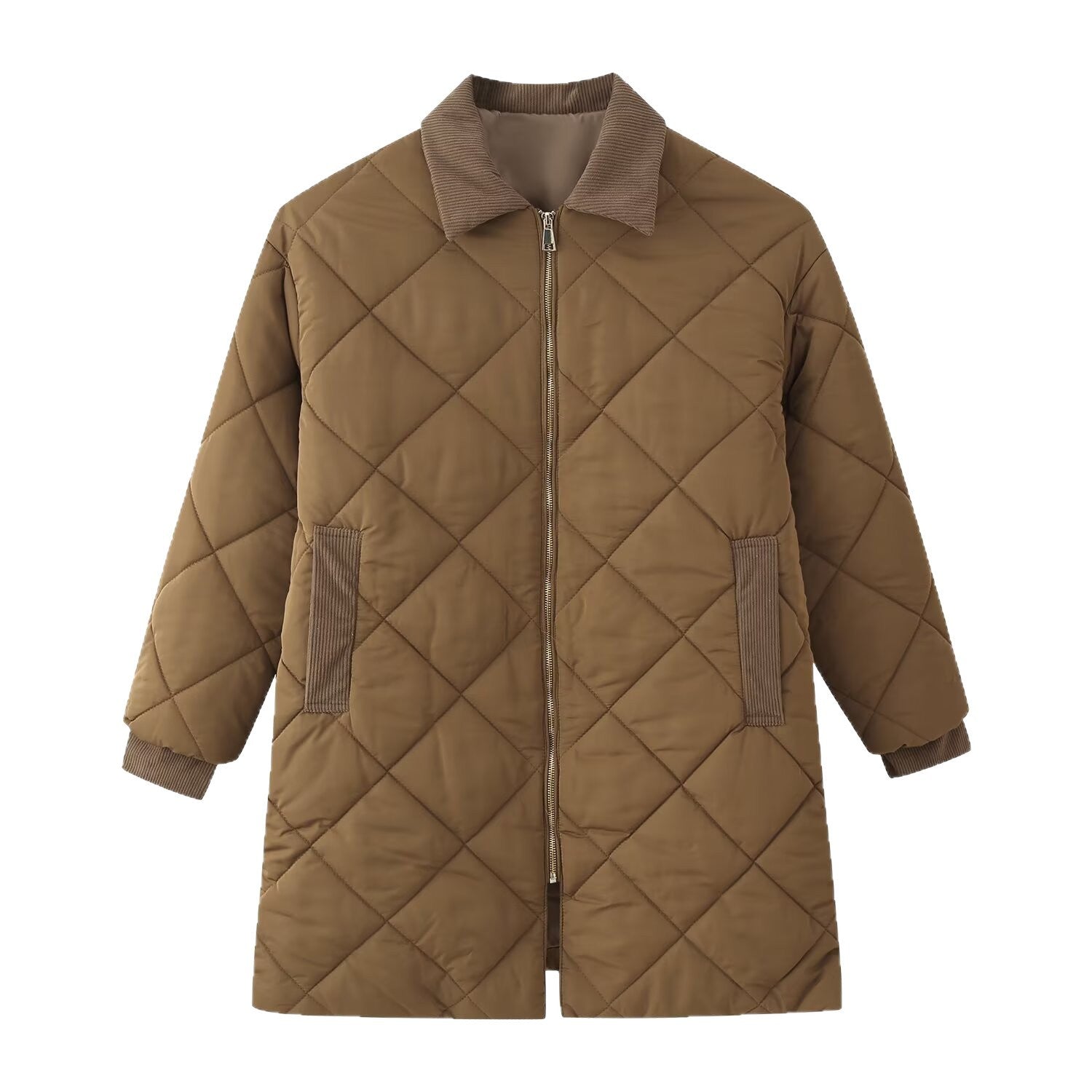 Women Long Quilted Coat with Cord Collar and Zipper Chichicherry