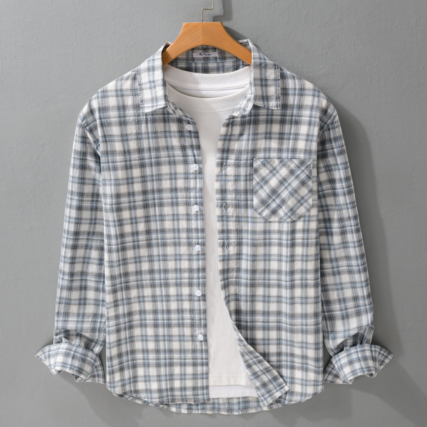 Men's Loose Check Layering Shirt made of lightweight cotton blend with diagonal patterned patch pocket Chichicherry