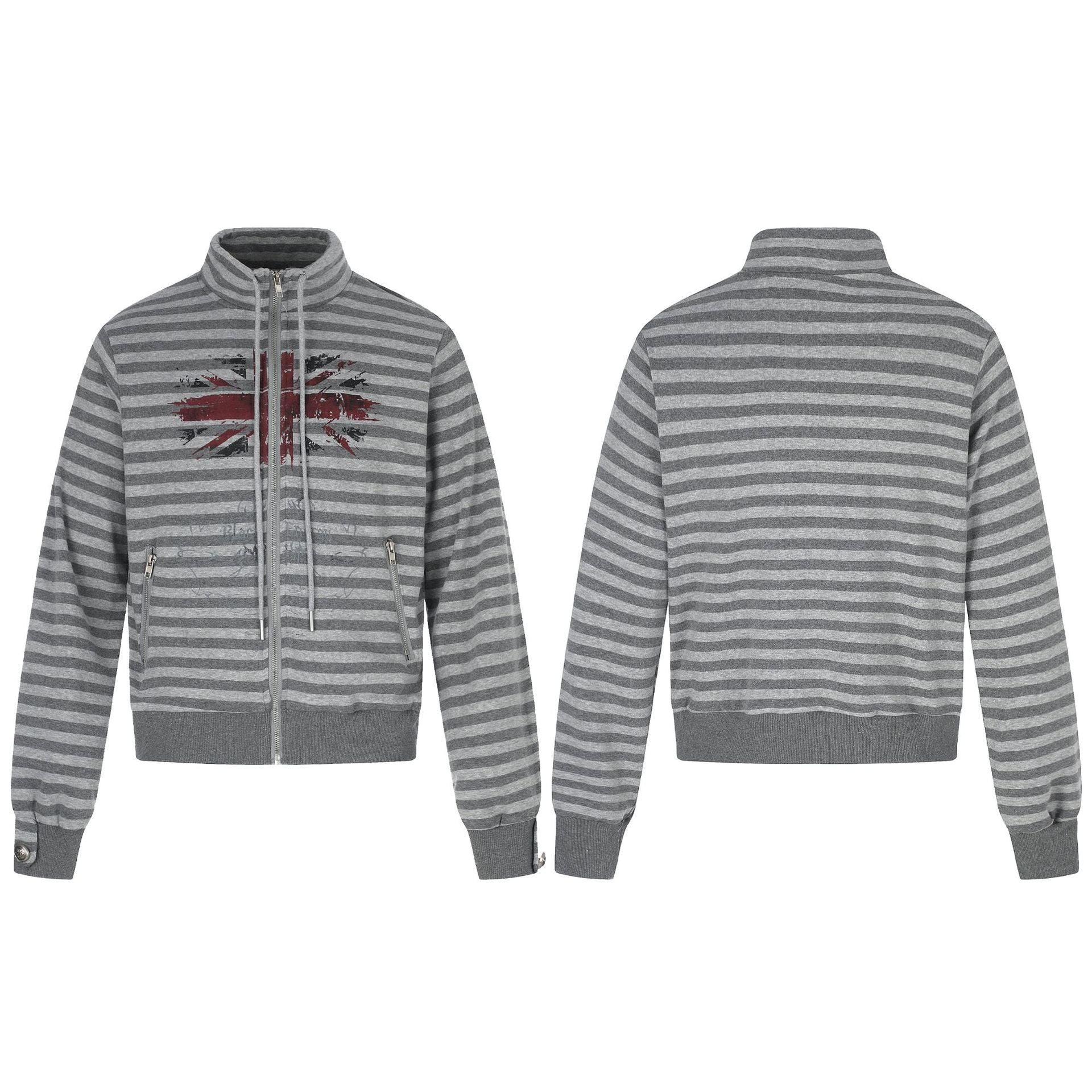 Men's Hoodless Striped Zip Blouson Jacket with Funnel Collar and Vintage Print Chichicherry